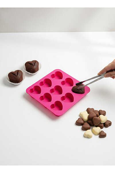 Stork 9-Cavity Heart-Shaped Silicone Cake and Chocolate Mold - Pink Mini Muff...