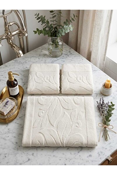 New Cotton Home floral Desen 3'lü %100 Doğal Pamuk Krem paspas 50x70 cm ultra...