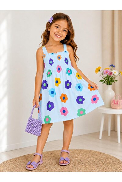 Kuzucuk Kids Bebek Çocuk Butik Kız Çocuk Mavi Çiçek Desenli Asklı Gipeli Yazl...
