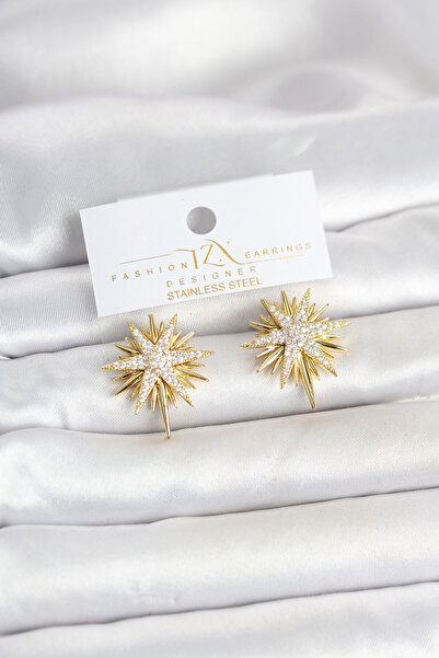 Twin Store Zircon Stone Brass Gold Color Pole Star Women's Earrings