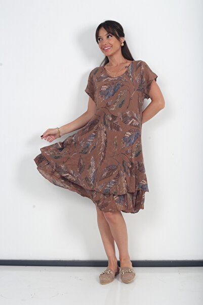 By Saygı Women's Italian Cotton Leaf Patterned Lined Short Sleeve Dress