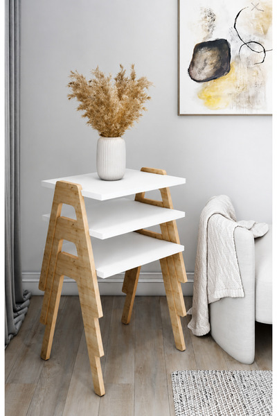 nifiart 3’lü Zigon Sehpa Takımı – Beyaz - Safir Meşe -Modern ve Fonksiyonel /...