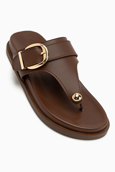 Limoya Lumi Brown Buckle Detailed Flip Flops for Women