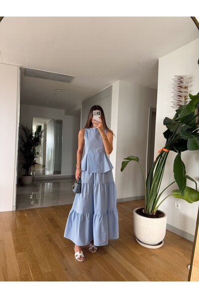 MERVE AKSOY Pötikare Desenli Etek Bluz Takım - Mavi