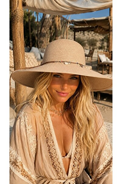 FELLMENS Beige Wide Round Straw Women's Hat with Accessory Detail