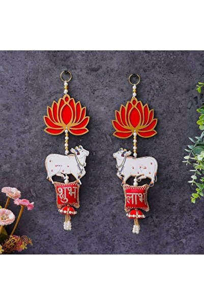 Divine Design Shubh Labh Hanging with Lotus, Cow, Pearl Beads, Red and Gold, Diwali Festive Decor, Set of 2, 14 Inch