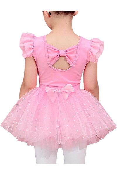 SOLLUXE Costum balet fete, body bumbac si fusta tutu roz cu aplicatii straluc...