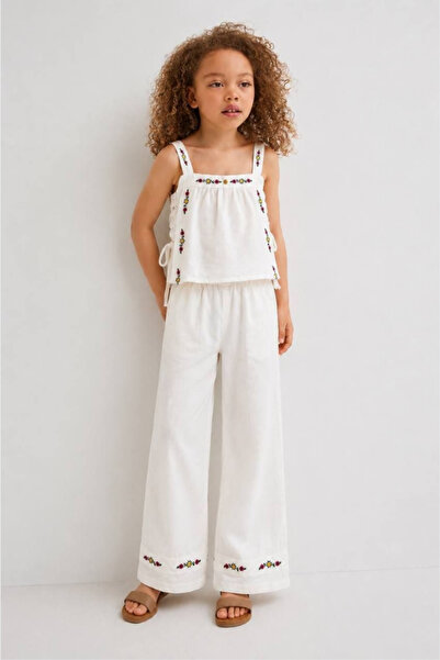 NOBLEKIDS Jabber Girls' Floral Printed Linen Blouse and Trousers Set Ecru