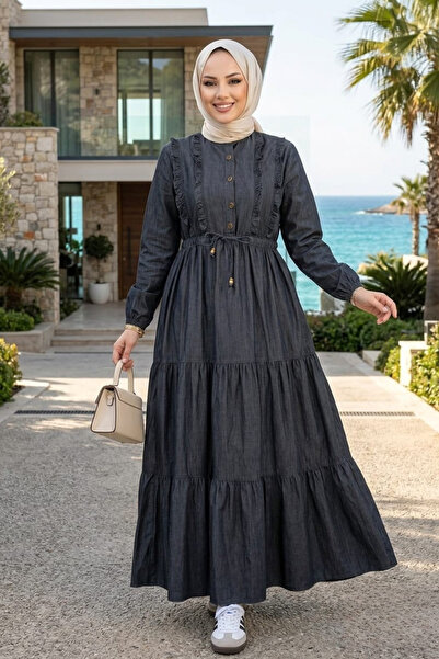 Hb Harma Time Butik Women's Buttoned Ruffle Detailed Black Denim Dress