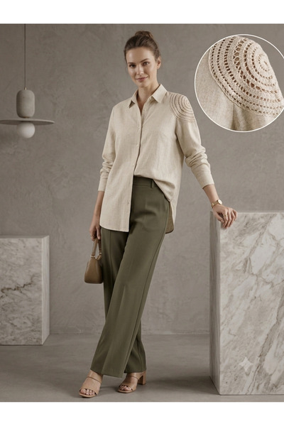 moda rüyası Women's Cream Premium Linen Shirt with Shoulder Lace Detail