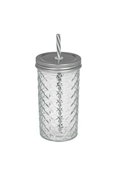 OEM Pahar transparent cu model în relief, capac metalic și pai, 600 ml