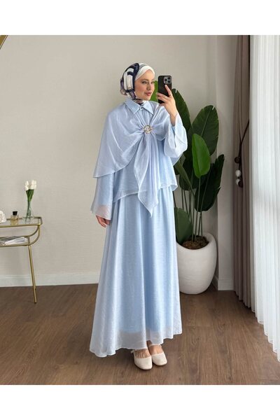 MY QILAM Women's Cape Voile Hijab Suit with Skirt, Gold Brooch Detail, Summer...