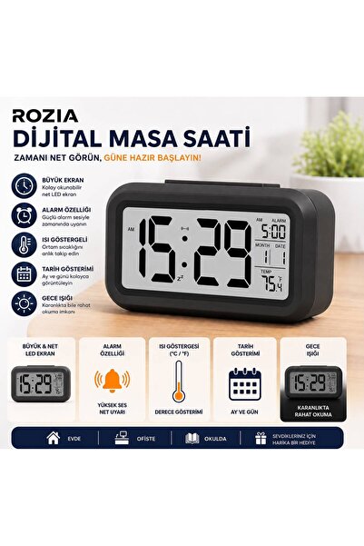 ROZIA Büyük Ekran Dijital Masa Saati LED Alarmlı Sıcaklık ve Tarih Göstergeli...