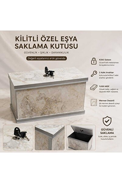 BOZKURT CNC Kilitli Özel Eşya Saklama Kutusu Mermer Desenli %100 MDF 2 Adet A...