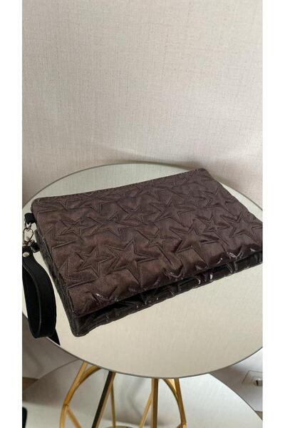 Yıldız Desenli Kahve Simli Portföy & Clutch Çanta Çıkarılabilir Bileklik Askılı 30 x 19 cm