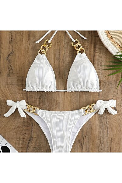 LORE MİEL Aksesuarlı Beyaz Bikini Takımı