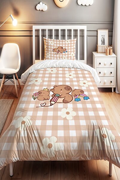 EVPANYA Ekose Capy Bara Desenli Tek Kişilik Bebek Çocuk Nevresim Seti