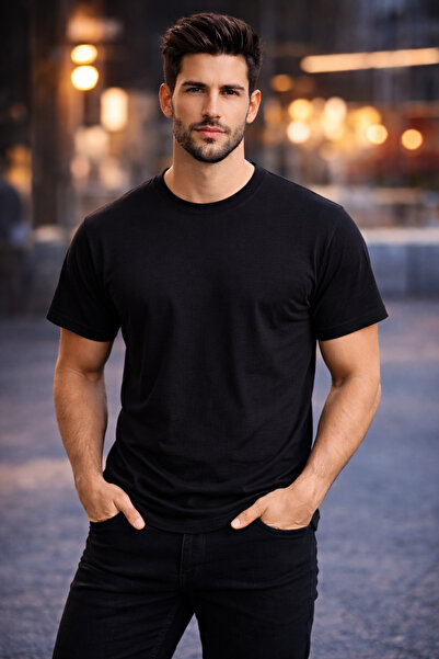 Novotex Tricou 100% Bumbac, Set 5 Tricouri Negru Bărbați, Tricouri Simple