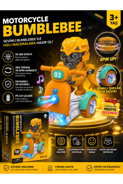 Kidora Toys Bumblebee Işıklı Sesli Oyuncak Motosiklet 360° Dönen Müzikli Pill...