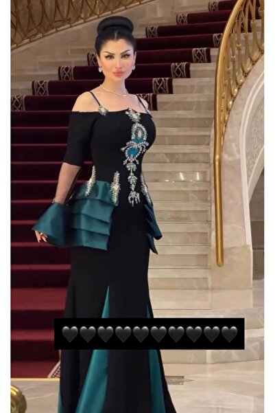 NALA FASHION فستان سهرة طويل بلون أسود عميق مع لمسات تركواز داكن ساتان تمنحه ...