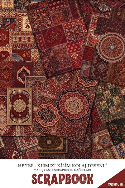 MuslimWalk Heybe - Kırmızı Kolaj Kilim Desenli Yapışkanlı Scrapbook Kağıtları...