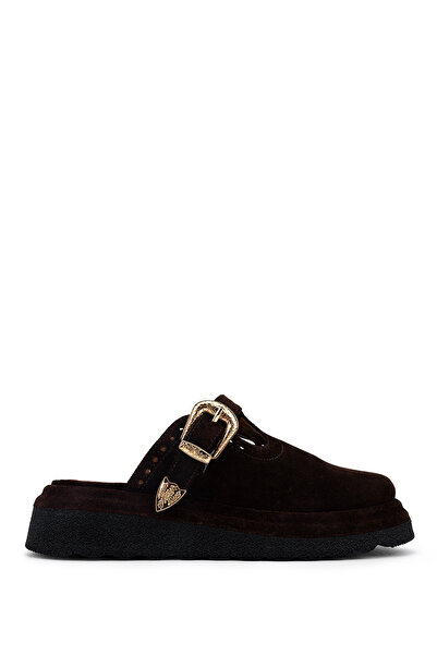 Tamer Tanca Women's Genuine Leather Brown Suede Flat Slippers