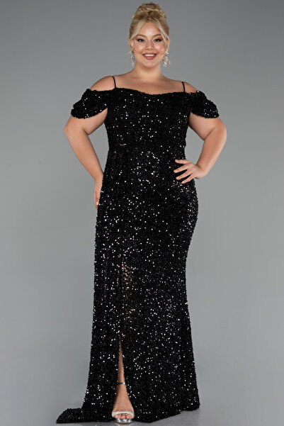 Efelif Black Tailed Long Sequin Plus Size Evening Dress Abu41067