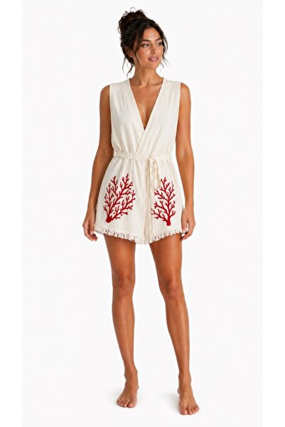 Mulberry Liora muslin kimono ogrtač bez rukava sa pojasom i detaljima od reše...