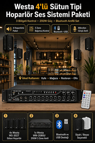 Westa 4'lü Mağaza Ses Sistemi Kafe Ses Sistemi 200W 3 Zone Bluetooth Amfi WS-...