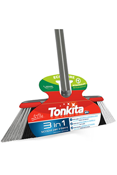 Tonkita Grey 3-in-1 Indoor Broom with Stick – Triple Thread Multi-Fiber Sweep...