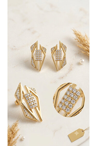 DipOL Butik Women's Gold Zircon Stone Geometric Asymmetrical Design Earrings