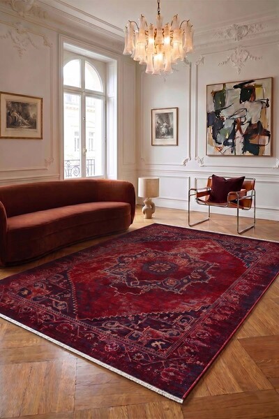 HalınıAl Ahlat 2305 Kırmızı Lacivert Eskitme Desenli Salon Oturma Odası Halısı