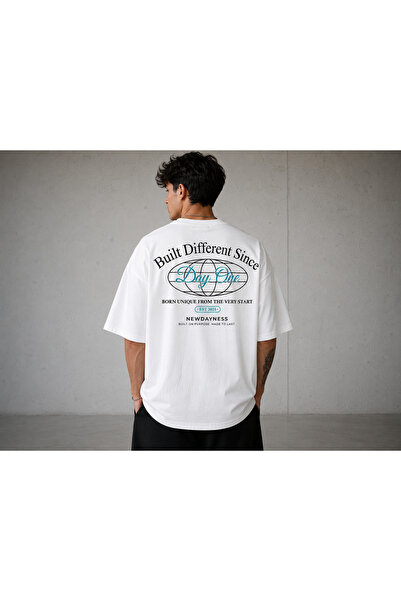 Modivibe Newdayness Built Different Oversize Unisex White T-Shirt with Back P...