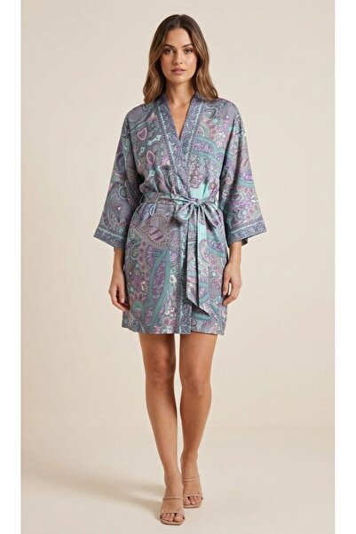 moda gk Patterned Imported Belted Silk Kimono