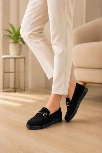 homiro Women's Buckle Casual Loafer Suede Shoes - Black