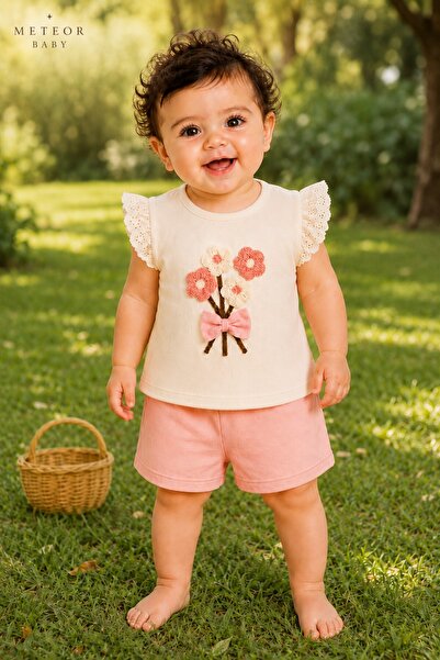 METEOR BABY Baby Girl Set Kids - Floral Embroidered Ruffle Sleeves - Summer S...