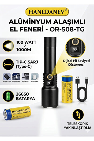 Hanedanev 100 Watt 1000 Metre Menzilli Teleskopik Zoomlu Şarj Edilebilir Diji...
