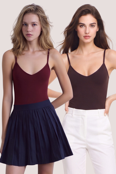 Loule Tricou de bază pentru femei, 2 piese, din bumbac și modal, cu bretele ș...