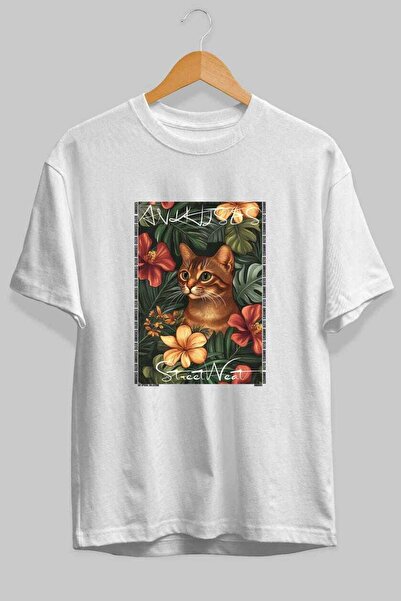 Ankhises For the Love of Cats 35 Front Cat Printed White Oversize T-Shirt 100...