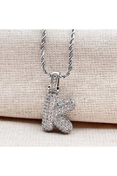 Haziran Accessory Balon Model Large Letter, Silver Steel Women's Necklace