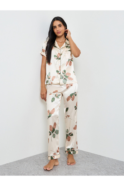 Take Two By Styli Off White Satin Floral Shirt and Pyjama Set