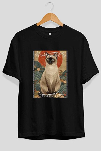 Ankhises For the Love of Cats 2 Front Cat Printed Black Oversize T-Shirt 100%...