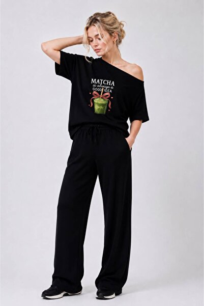 trendgar Siyah Matcha Baskılı Kadın Buggy Pantolon Geniş Asimetrik Yaka Detay...