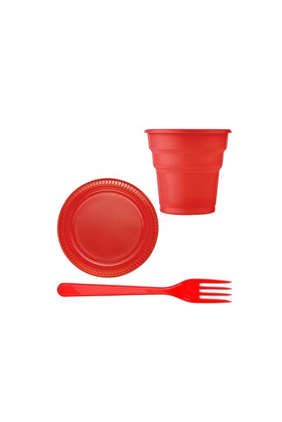 BEST PARTİ Red Color 25-Piece Plastic Plate, Cup, and Fork Set