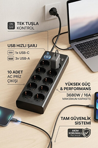 The Wlue 10'lu Akım Korumalı Priz | 3680 Watt Koruma | 16A | 3 USB + 1 Type-C...
