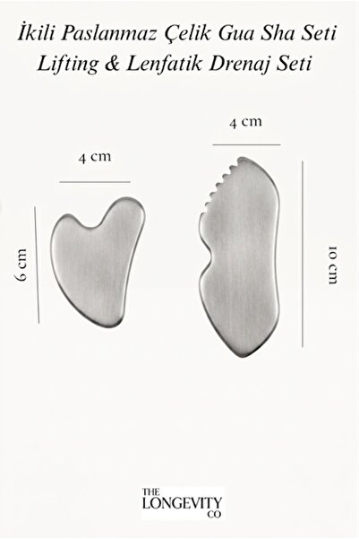 THE LONGEVITY Co. Mat Paslanmaz Çelik İkili Gua Sha Seti - Satin Matte Dual G...