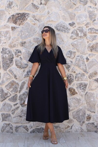 bytugcekaya Navy Blue Long Flared Dress with Flounces on the Sleeves