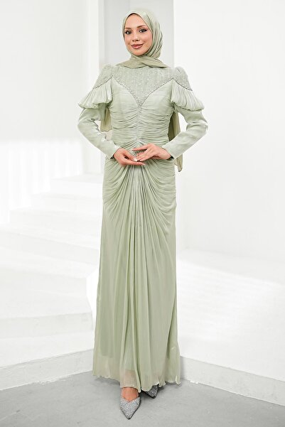 İmajButik Mint Green Janjan Evening Dress with Gathered Front and Shoulder De...