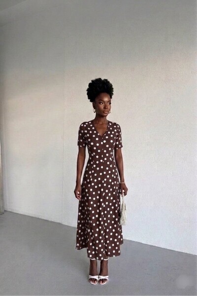 KAŞİHA V-Neck Ruched Fabric Polka Dot Dress 125 cm