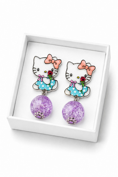 MakeWell Hello Kitty Deliksiz Küpe – Mavi Mor Sarı Pembe Kristal Boncuklu Çoc...